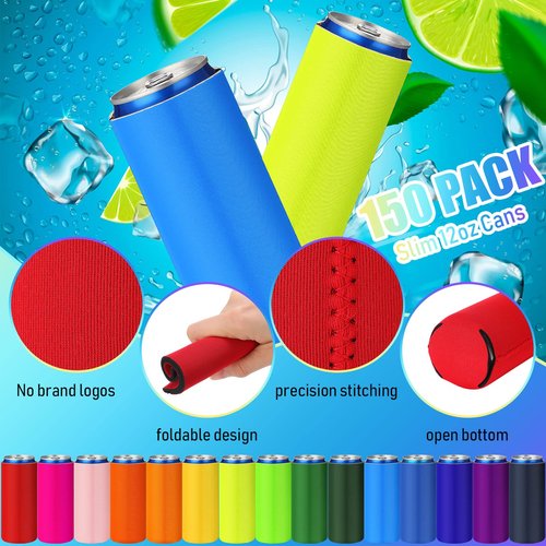 150 Pack Slim Can Cooler Sleeves Blank Reusable Neoprene Insulated Beer Sleeve DIY Sublimation Cover Coolies for Soda Drink Water Bottles Birthday Wedding Party (Blank Style)