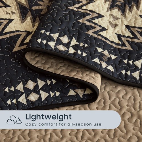 Wake In Cloud - Western Quilt Set, Southwestern Rustic Farmhouse Style with Aztec Geometric Pattern, Reversible Lightweight Bedspread Coverlet, 3 Pieces, Black Brown, King Size