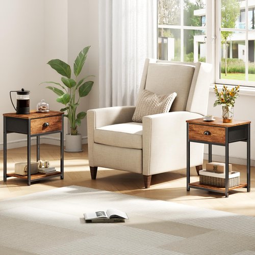 Furologee Nightstands Set of 2, Night Stand with Fabric Drawer and Storage Shelf, Retro Bedside Sofa Tables for Small Place, End Side Tables Living Room Bedroom, Rustic Brown