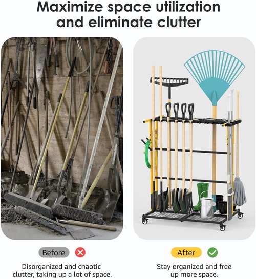 CCCEI Garage Organization Cart - Mobile Outdoor Tool Organizer for Yard & Garden Supplies | Ideal for Brooms, Shovels & Rakes