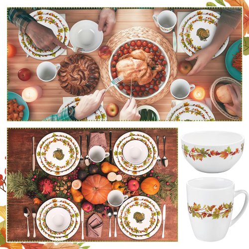 Reallnaive 16 Pcs Thanksgiving Dinnerware Sets for 4 Rustic Autumn Tableware Fall Thanksgiving Salad Plate Harvest Soup Cereal Bowl Mug Dinnerware Sets with Berry Fall Maple Leaves Turkey Service
