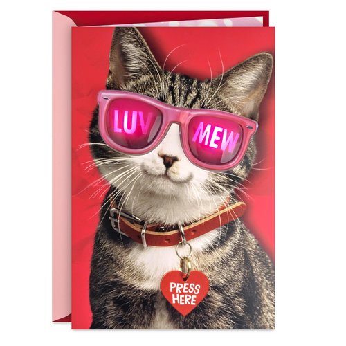Hallmark Pink Sunglasses Cat Valentine's Day Card with Light and Sound (Luv Mew) for Kids, Teens, Friends