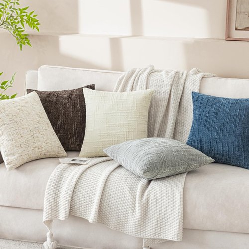 Softalker Spring 18x18 Inch Chenille Throw Pillow Covers - Cream White Set of 2, Accent Farmhouse Decorative Textured Neutral Boho Pillow Cases Easter for Couch Sofa Bed Living Room, Home Decor