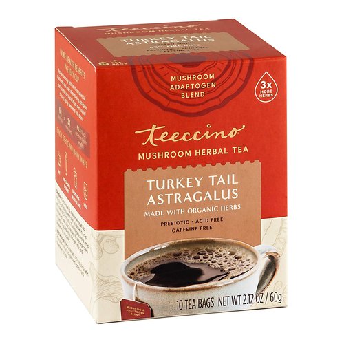Teeccino Turkey Tail Astragalus - Toasted Maple - Caffeine Free Mushroom Adaptogenic Herbal Tea, 3x More Herbs than Regular Tea Bags, Lightly Sweet from Dates & Figs, Chicory Prebiotic - 10 Tea Bags