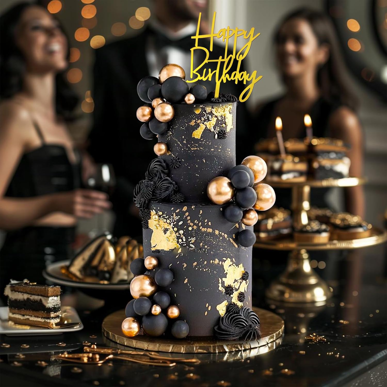 Regine Switzerland 75 PCS Black and Gold Cake Decoration Set - Perfect for Birthdays & Weddings