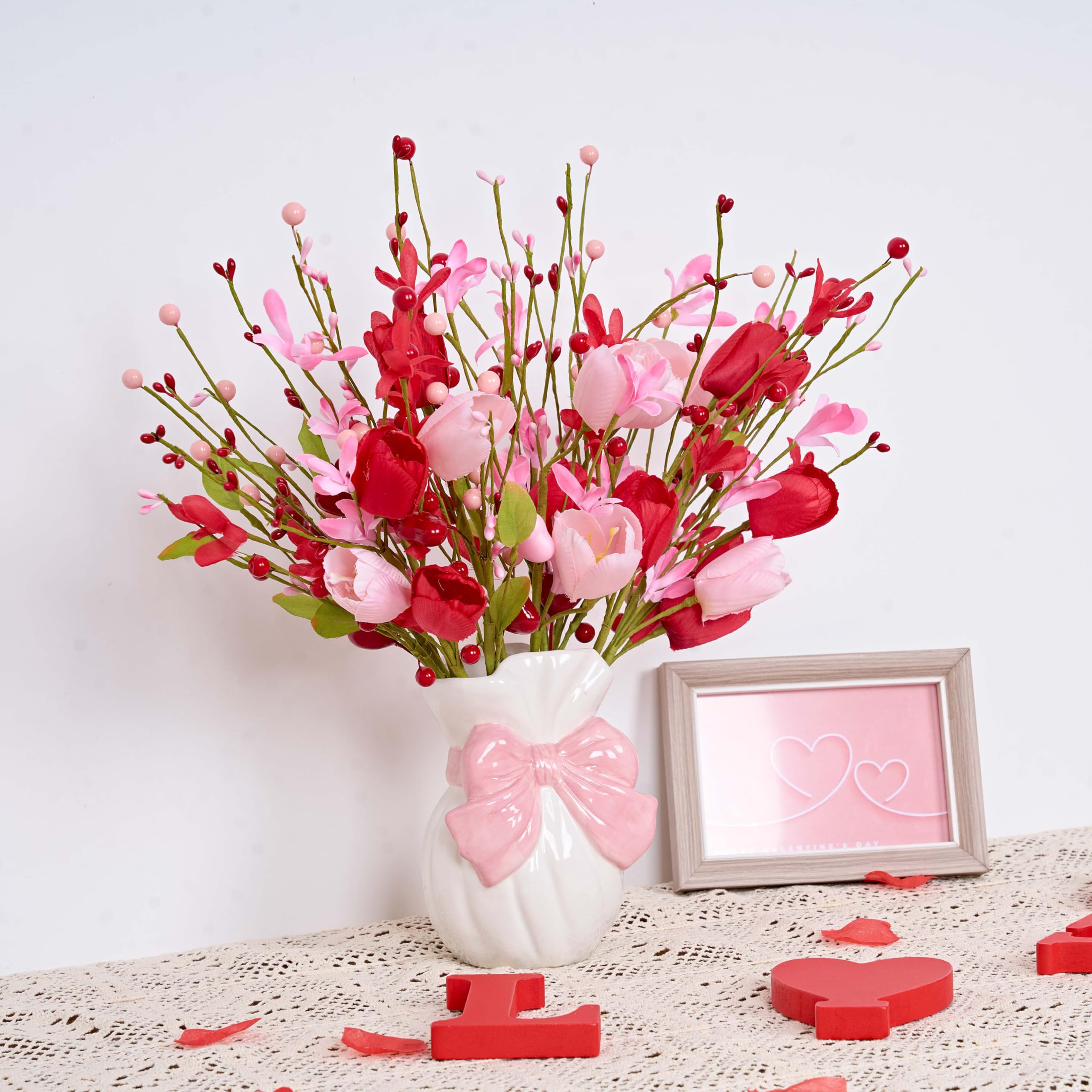 WSTPUPU Valentine's Day Gifts 12 Pack Artifcial Valentine Decorations 17 Inch Valentines Day Pink Picks with Red Tulip Pink Love Heart Berries for Valentine Wedding Anniversary Party Decor