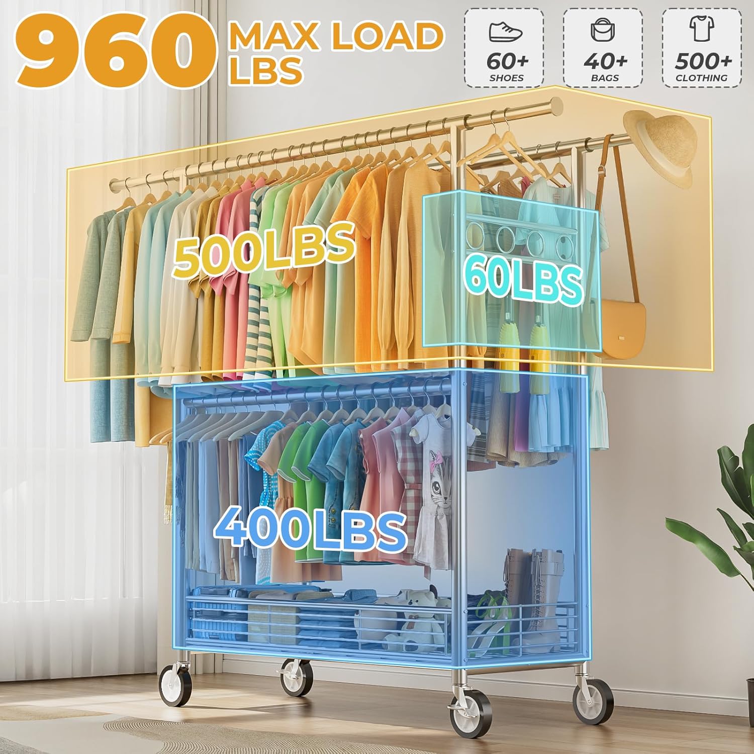 Regine Switzerland Heavy Duty Clothes Rack - 960LBS Capacity, Adjustable & Portable with Wheels, Silver