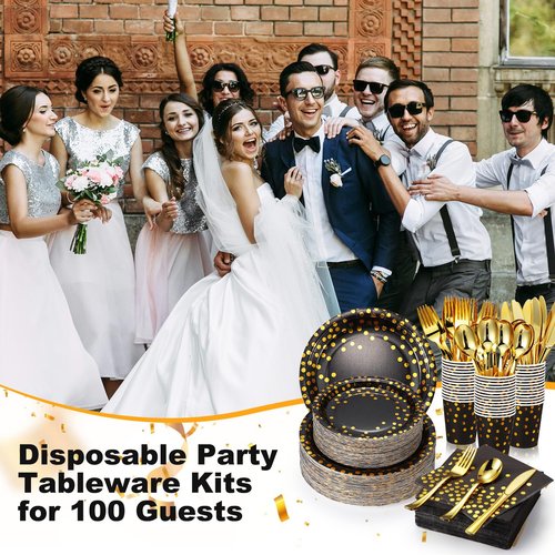 700 Pcs Black and Gold Party Supplies,Severs 100 Guests Disposable Dinnerware Kits Black Gold Paper Plates Napkins Cups Gold Plastic Forks Knives Spoons for Wedding Birthday Graduation Party
