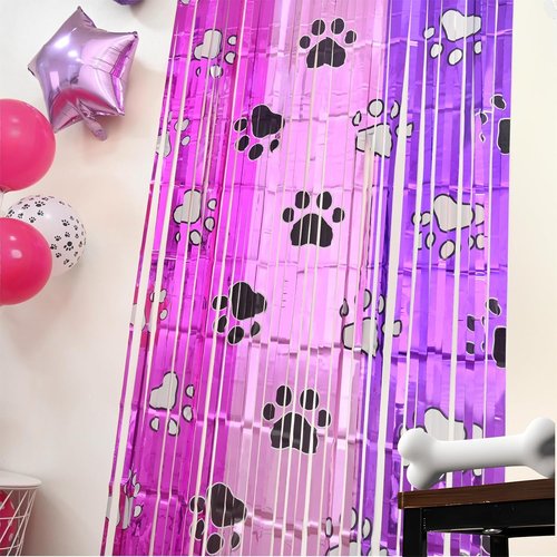 Bupelo Pink Paw Birthday Decorations - 2 Pack Tinsel Foil Fringe Curtains | Dog Party Backdrop 3.3 x 6.6ft