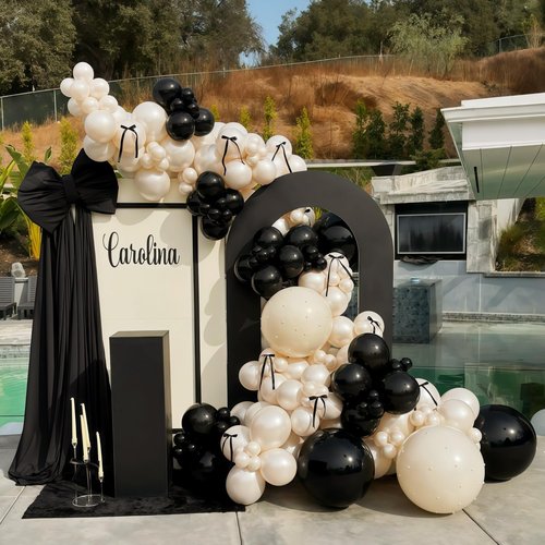Black White Gold Balloon Garland Kit, 115Pc Beige Sand Black Cream Metallic Gold Balloon Arch Explosion Star Foil Balloons for Girls Women Birthday Bachelorette Graduation Coquette Party Decoration
