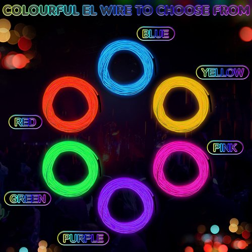 Konohan 6 Pcs Portable Wearable LED Lights Neon El Wire, Battery Operated, Glow Wire for DIY Costume, Halloween, Christmas Decorations(Red, Pink, Blue, Green, Purple, Yellow,16.4 Feet)