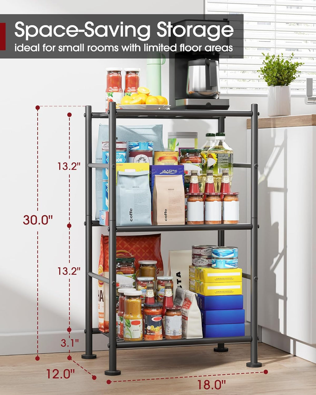 Sakugi Storage Shelves - Sturdy 3-Tier Metal Organizer with Adjustable Feet | Space-Saving Black Shelving (18" x 12" x 30")