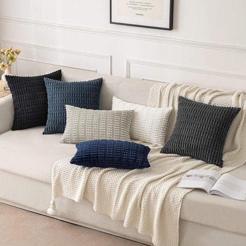 MIULEE Corduroy Decorative Throw Pillow Covers - Soft Boho Striped Design | 18x18 Inch Pure White for Modern Home Decor