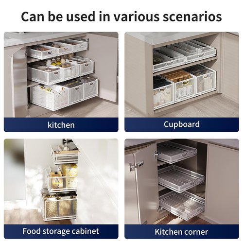 AmzAge 2 Pack Pull Out Cabinet Organizer, No Drill Adhesive Sliding Drawers for Kitchen, Metal Mesh Wire Storage Shelf for Pantry & Under Sink, White (9.6" W x 11.8" D x 3.9" H)