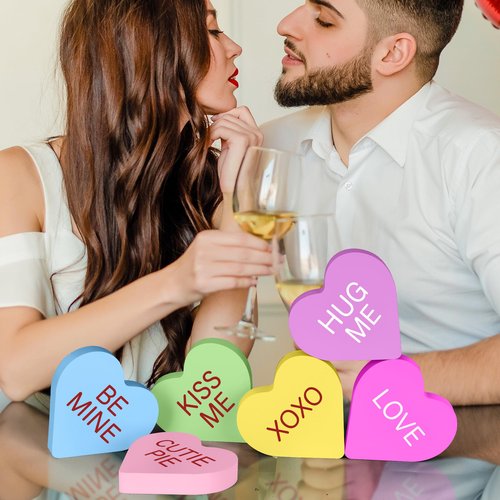 6 Pcs Wooden Hearts Valentines Decor, Colorful Conversation Hearts Decorations Heart Shaped Table Signs, Pastel Printed Valentines Decorations Tabletop Centerpiece for the Home Tray Valentine Wedding