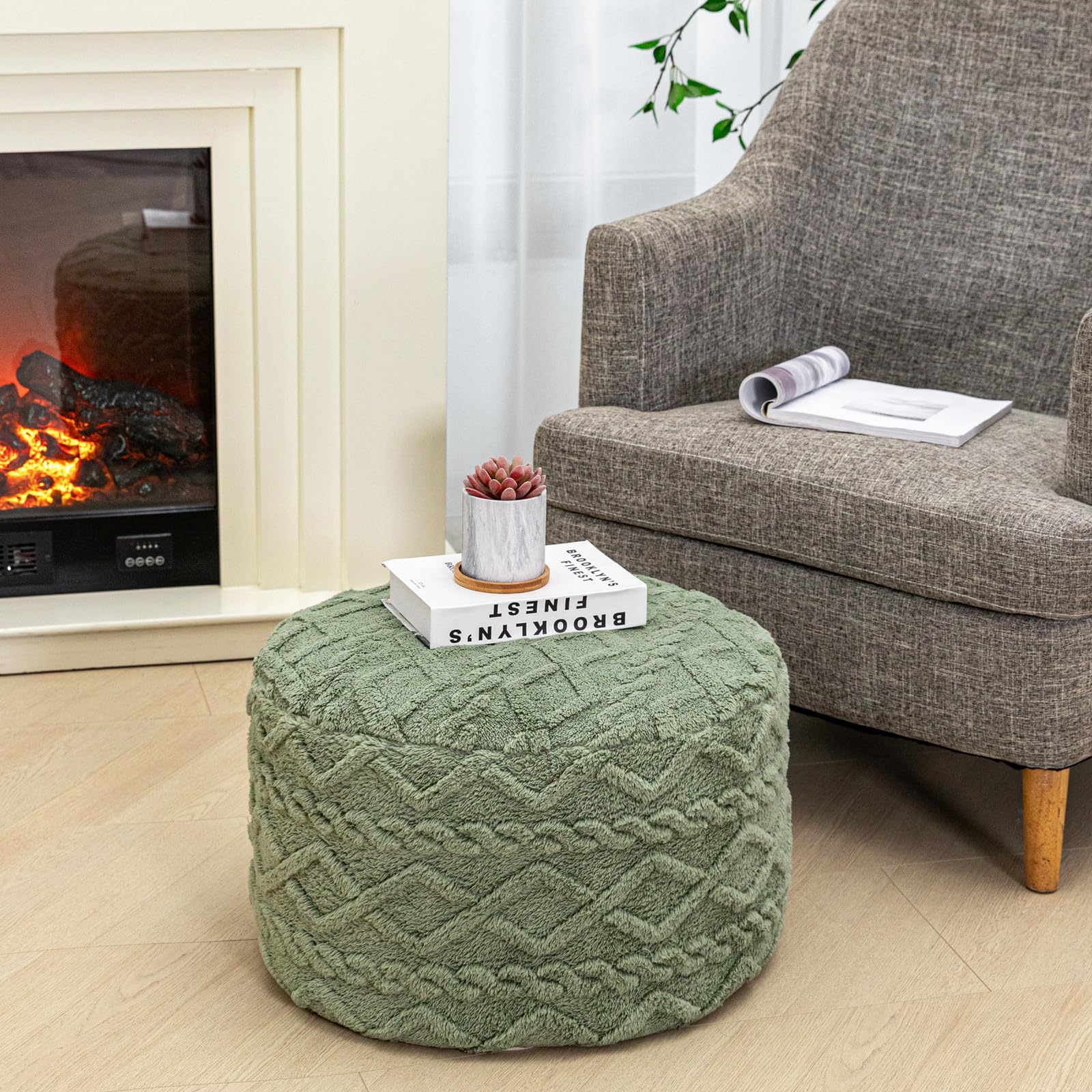 Poofieotto Round Pouf Ottoman Stuffed 20x12 Inches Floor Pouf Chair for Living Room Bedroom Modern Foam Pouf Ottoman Foot Rest for Couch Home Decor Pouffe Sage Green
