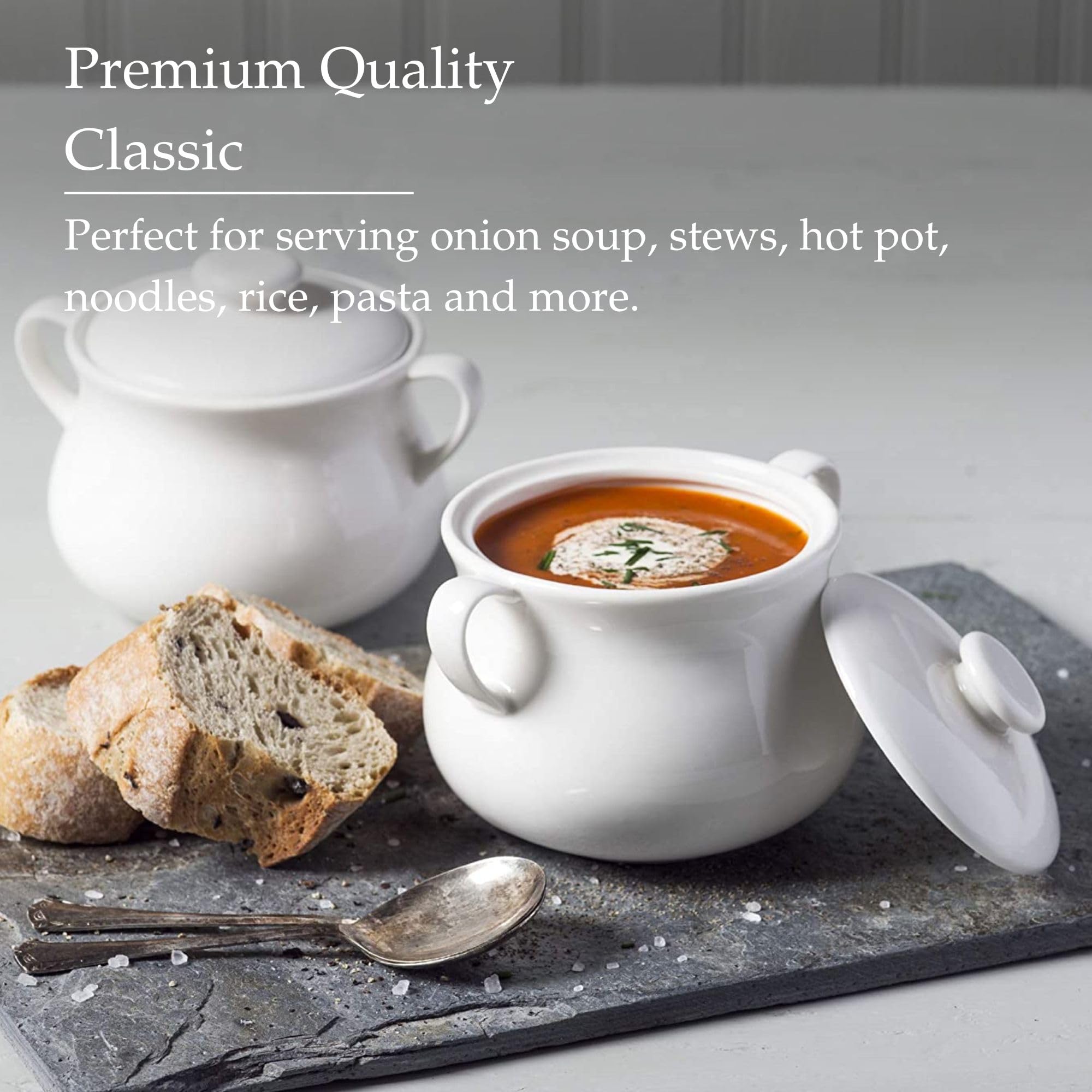 WM Bartleet & Sons 1750 TSET118 Traditional Porcelain Set of 2 Lidded Individual French Onion Soup and Stew Bowl with Handles 500ml – White