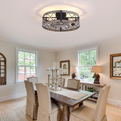 REDSTAR Flush Mount Caged Ceiling Fan with Lights, 20" Small Bladeless Ceiling Fans with Remote, Rustic Low Profile Ceiling Fans 6-Speeds Reversible Enclosed Ceiling Fan for Bedroom Kitchen Farmhouse
