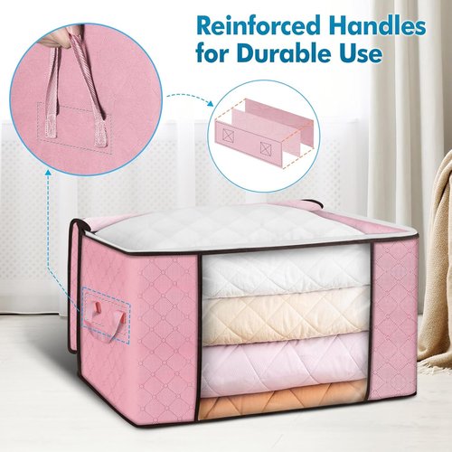 Budding Joy 90L Large Storage Bags - 4 Pack Foldable Closet Organizers for Clothes, Blankets & Toys | Pink