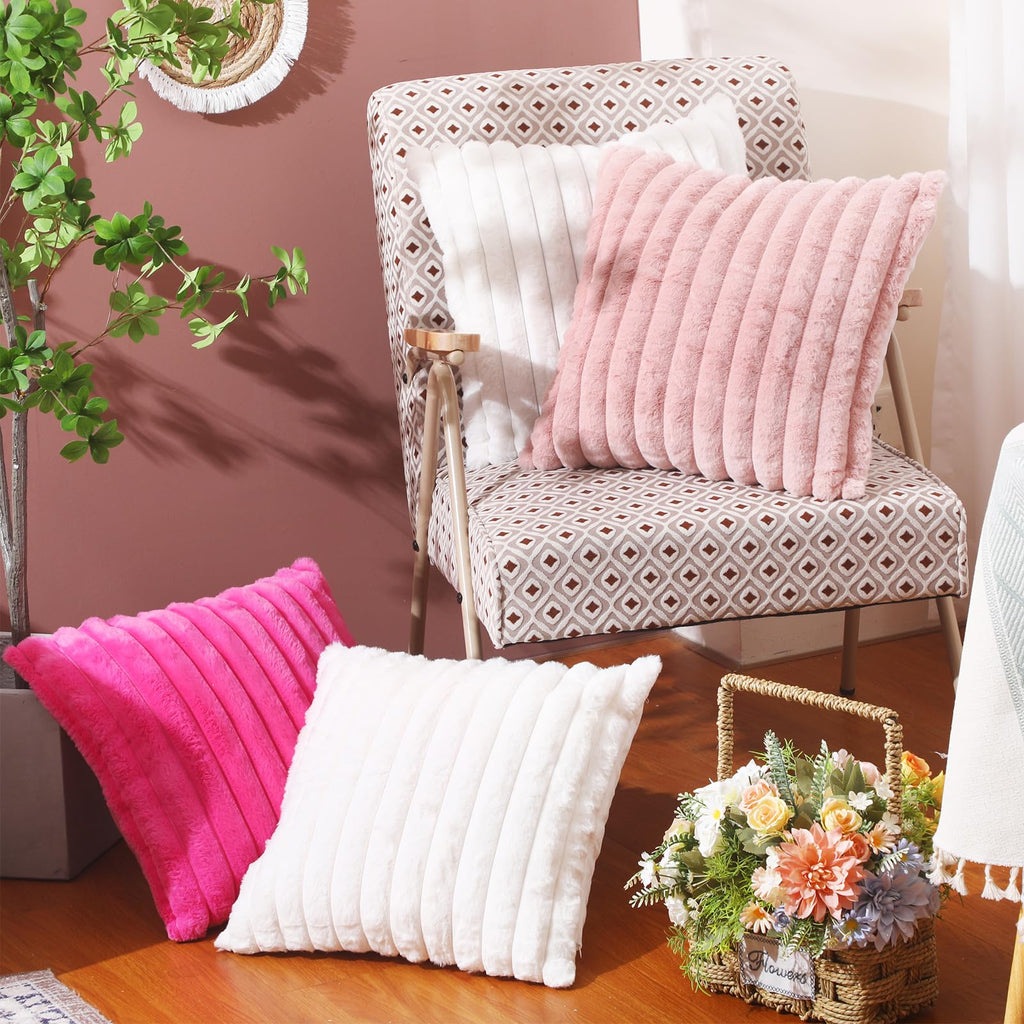 Peryiter Set of 6 Hot Pink Throw Pillow Cover White Pink Pillowcase Decorative Seat Cushion Case 18" x 18" Soft Velvet Fluffy Striped Pillowcase for Spa Sleepover Party Supply Coquette Outdoors Picnic