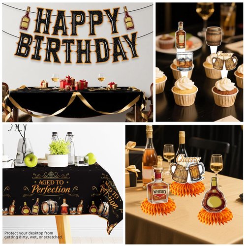 Yingoto Aged to Perfection Birthday Decorations for Men – 207PCS Whiskey Birthday Decorations Set with Plates, Napkins, Cups, 2 Tablecloths, Balloons, Banner & Cupcake Toppers, Serves 25 Guests