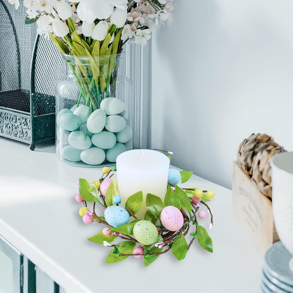 Winlyn Easter Egg Candle Rings - 4 Pcs Spring Wreaths with Pastel Eggs & Foliage | 11" Holiday Decor