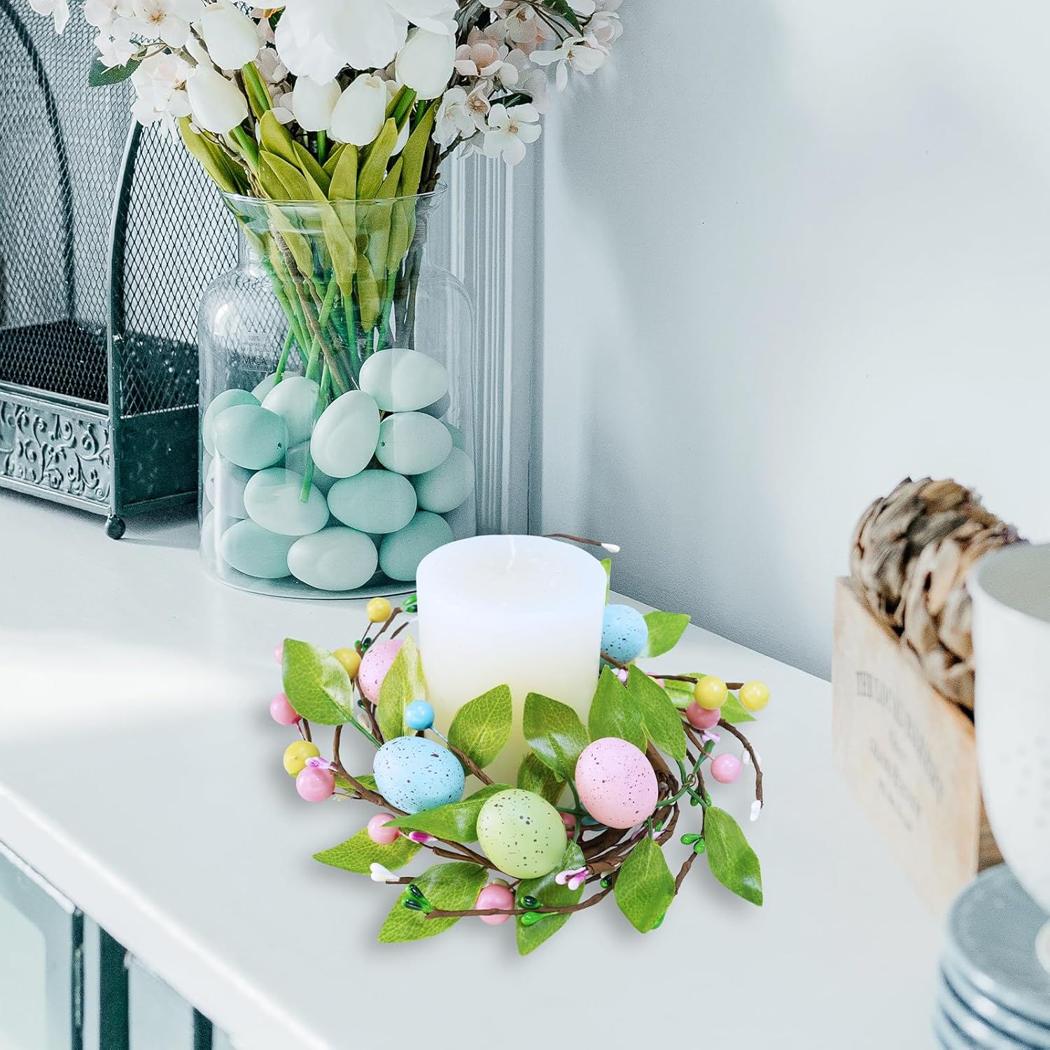 Winlyn Easter Egg Candle Rings - 4 Pcs Spring Wreaths with Pastel Eggs & Foliage | 11" Holiday Decor