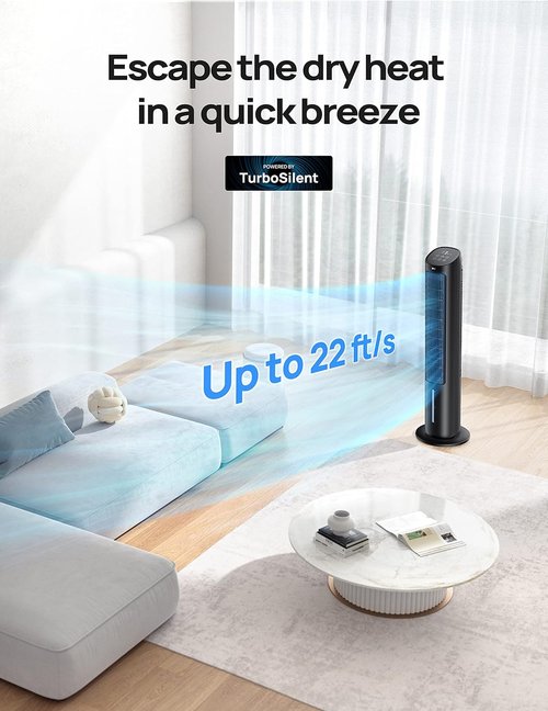 DREO 40" Tower Fan - Evaporative Air Cooler with 80° Oscillation & Remote Control | Quiet 3 Modes, Black