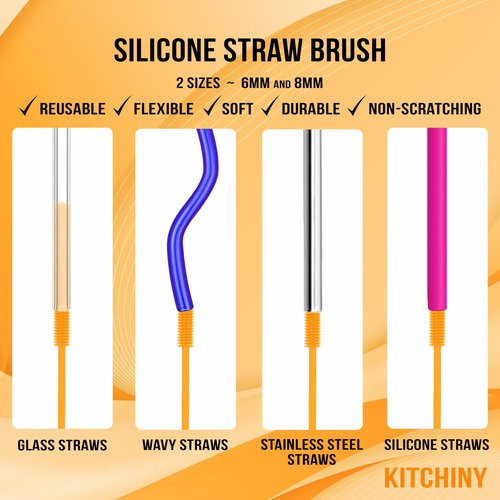 Kitchiny 12.5" Silicone Bottle Brush & Straw Cleaner Brush Set | Water Bottle Cleaner for Hydro Flasks, Tumblers, Glassware, Vases and Narrow Neck Containers