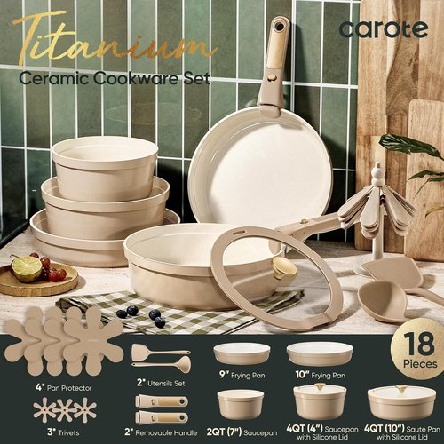 CAROTE 18-Piece Titanium Nonstick Ceramic Cookware Set - Detachable Handles, Non-Toxic, Induction Compatible, Dishwasher Safe