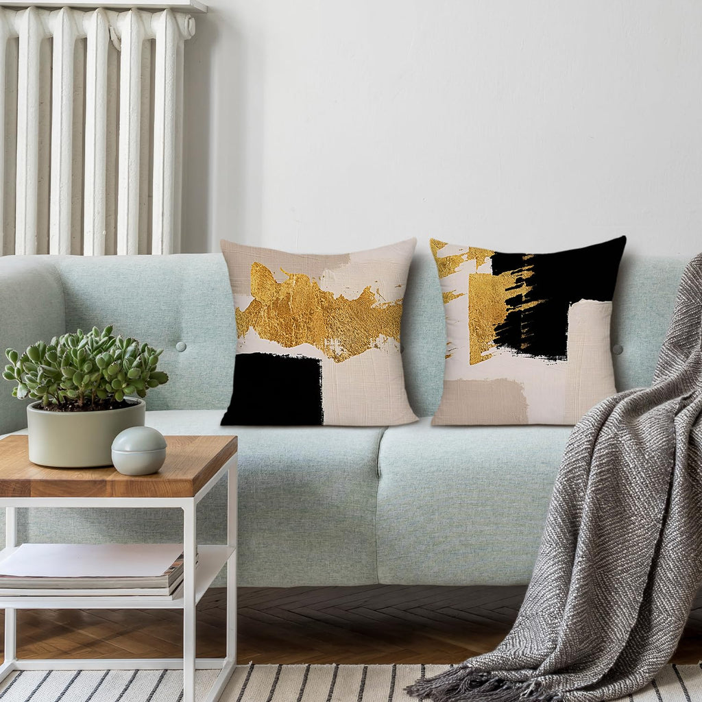 KAIOUS Black and Gold Pillow Covers, Black Gold Beige Decorative Throw Pillow Covers for Couch Sofa Bed Living Room Bedroom 18x18 Inches Set of 2