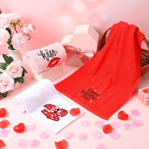 FuWeave 3 Pcs Embroidered Valentines Hand Towels for Bathroom 13.7 x 29.5 Inch Cotton Happy Valentine's Day Red Love Gnome Absorbent Bathroom Kitchen Dish Towel for Hand Drying Cleaning Cooking Gift