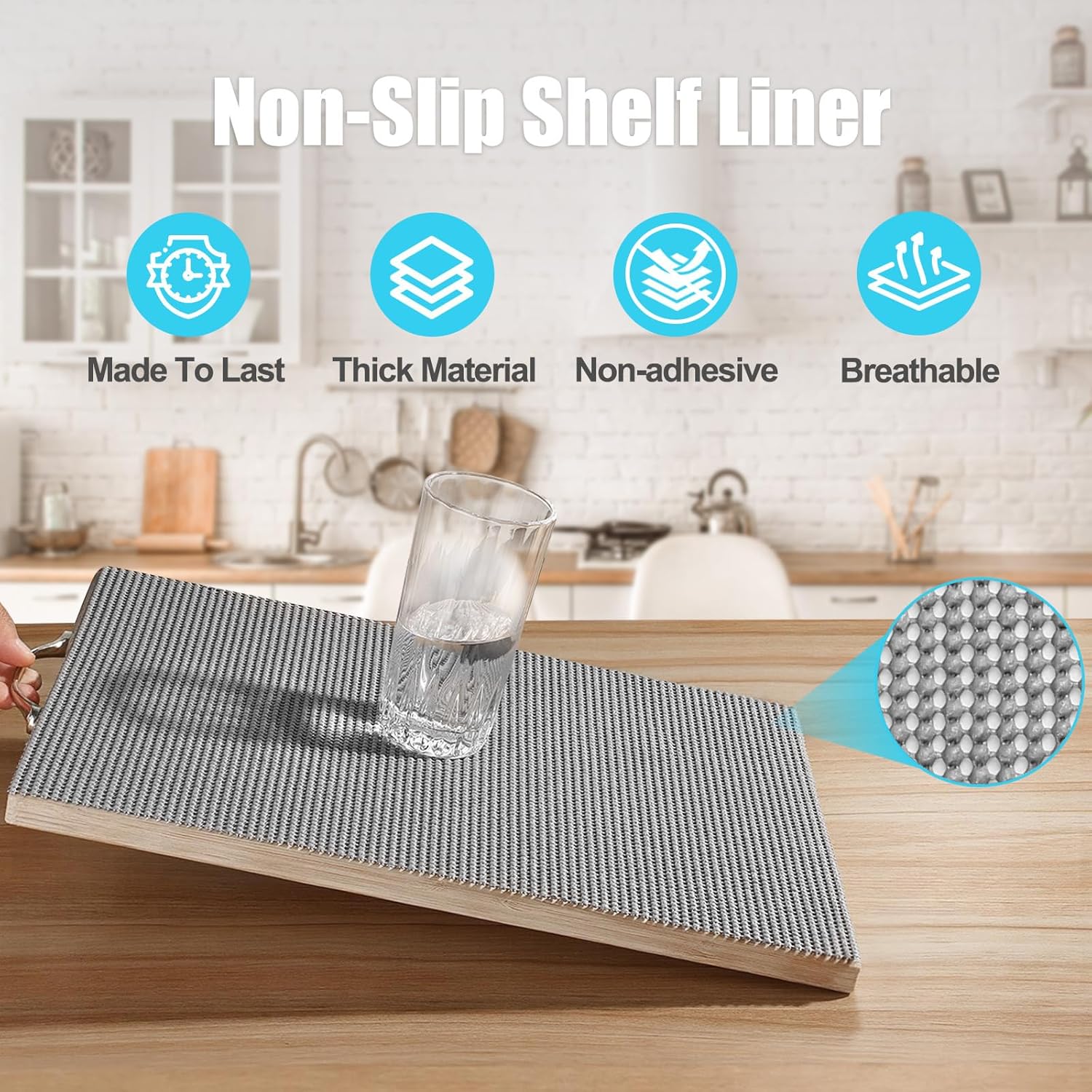 Songrey Non-Adhesive Drawer Liner - 12" x 20FT Non-Slip Cabinet Mat for Kitchen & Bathroom (Dark Gray)