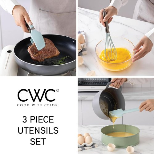 COOK WITH COLOR Stainless Steel Kitchen & BBQ Tongs Set - 3-Piece Utensils in Green
