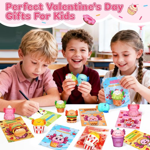 Valentines Day Cards for Kids School, 24 Pack Valentines Cards with Axolotl Slow Rising Toys, Valentine's Day Gifts for Kids Classroom Exchange, Valentine Party Favor Classroom Prizes for Boys Girls