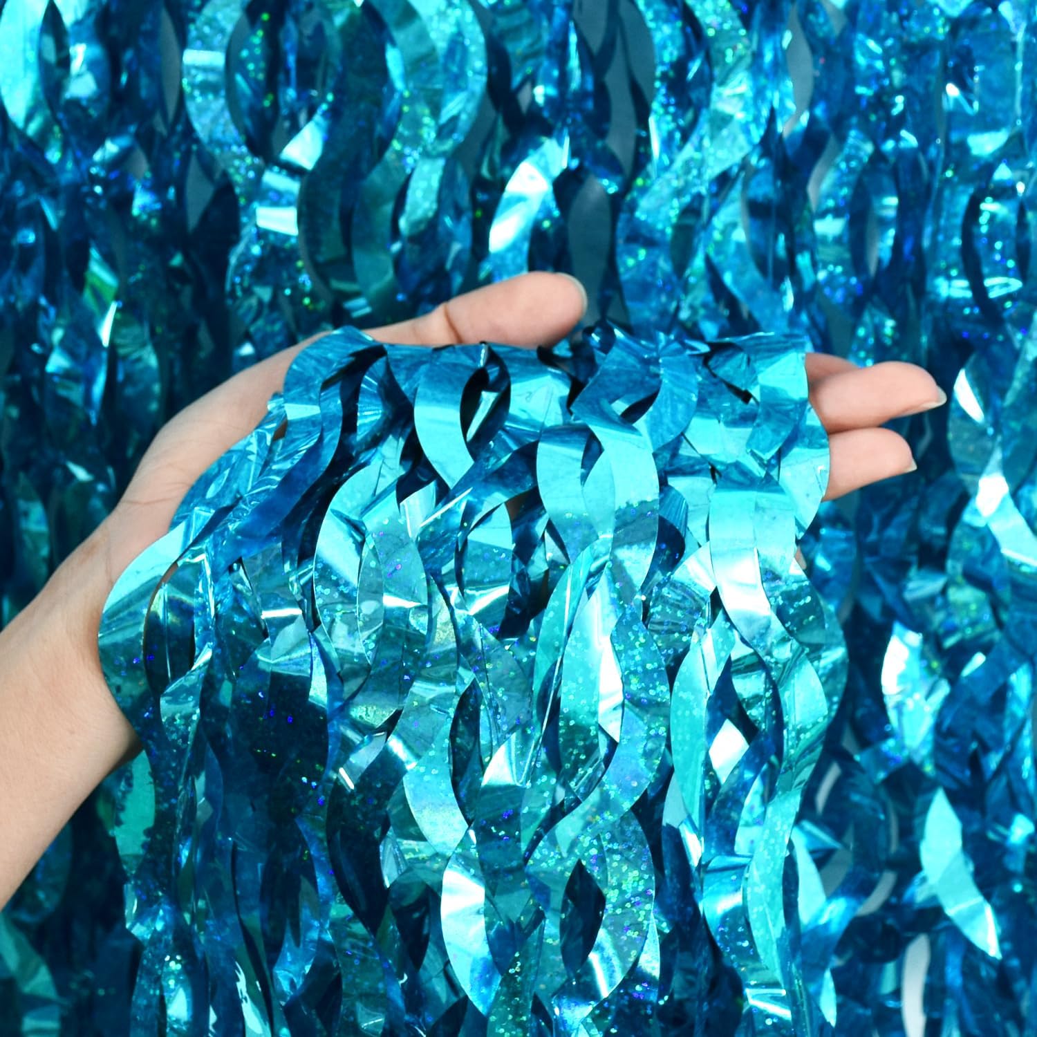 TONIFUL Wavy Metallic Tinsel Foil Fringe Curtains - Teal Blue Photo Booth Backdrop | 6.6ft x 6.6ft