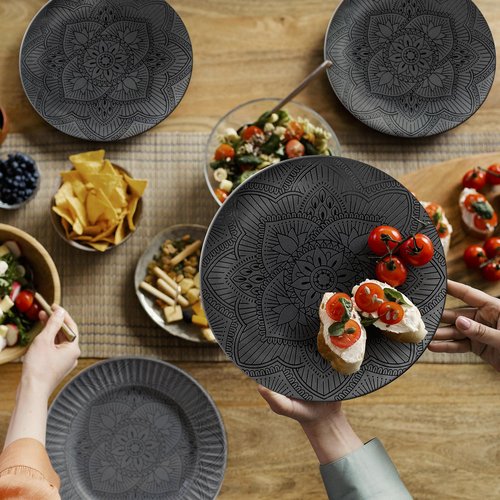 bzyoo 12 Piece Black Melamine Dinnerware Set - Durable, Dishwasher Safe Black Plates and Bowls - Ideals for Parties, Camping Dish Set La La Mandala