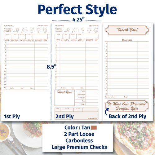 [1500] Gorilla Supply Guest Check 4.25" x 8.5" 2-Part Carbonless Perforated Loose Server Order Checks with 15 Lines, Tan, 1500 (6 Pack, 250 Sets/Pack)