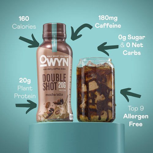 OWYN Only What You Need Double Shot Mocha Latte, Vanilla Latte and Caramel Macchiato Flavored Protein Shake, 20g Protein, 0g Sugar, 3g Fiber, 180mg Caffeine, Dairy Free, Plant Based Protein, 12 CT