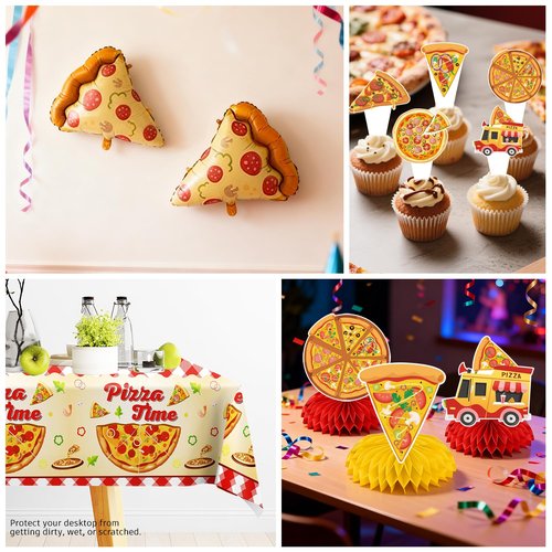 Xynic 191pcs Pizza Party Decorations Tableware Set Serves 25 Pizza Birthday Party Decorations, Disposable Pizza Themed Plates and Napkins Set, with Cakes Toppers, Banner and Tablecloths