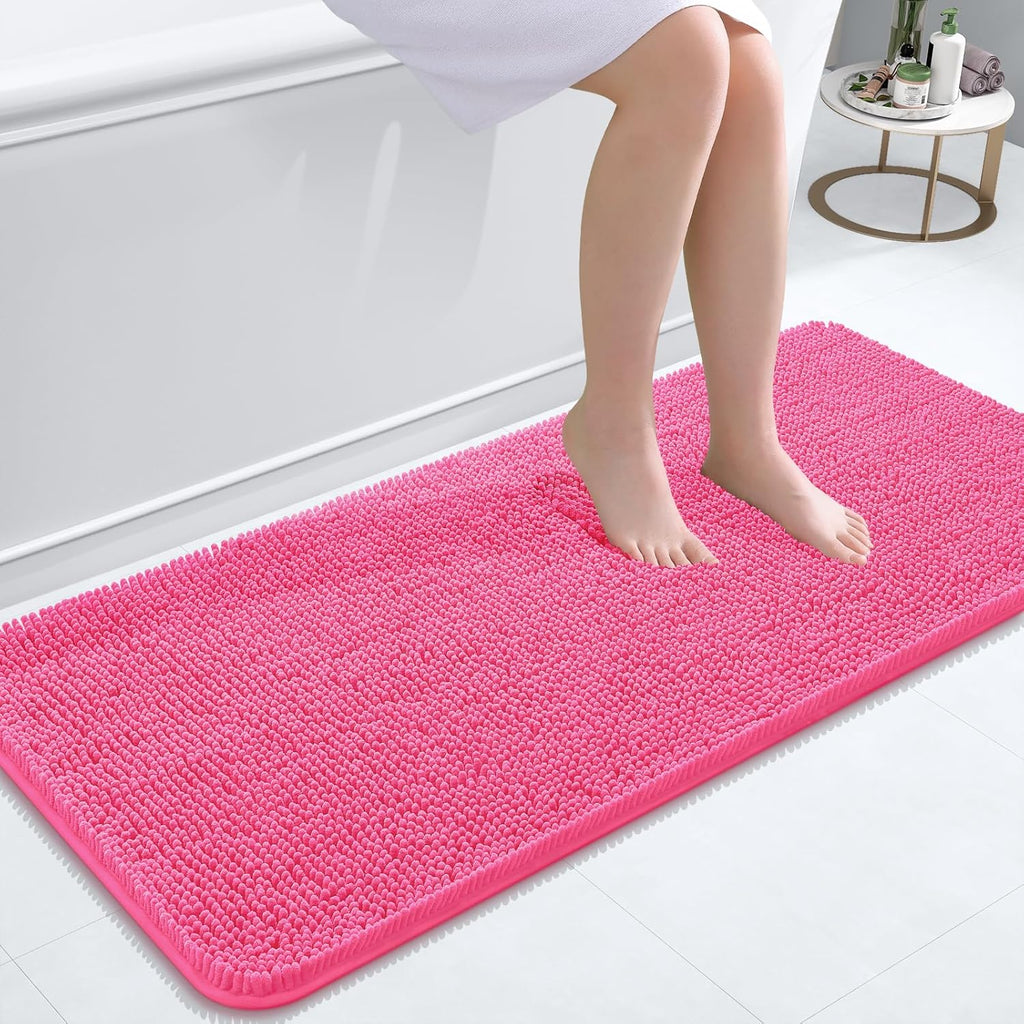 OLANLY Bathroom Runner Rug - Soft Absorbent Chenille with Rubber Backing | Quick Dry, Machine Washable, 47x20, Hot Pink
