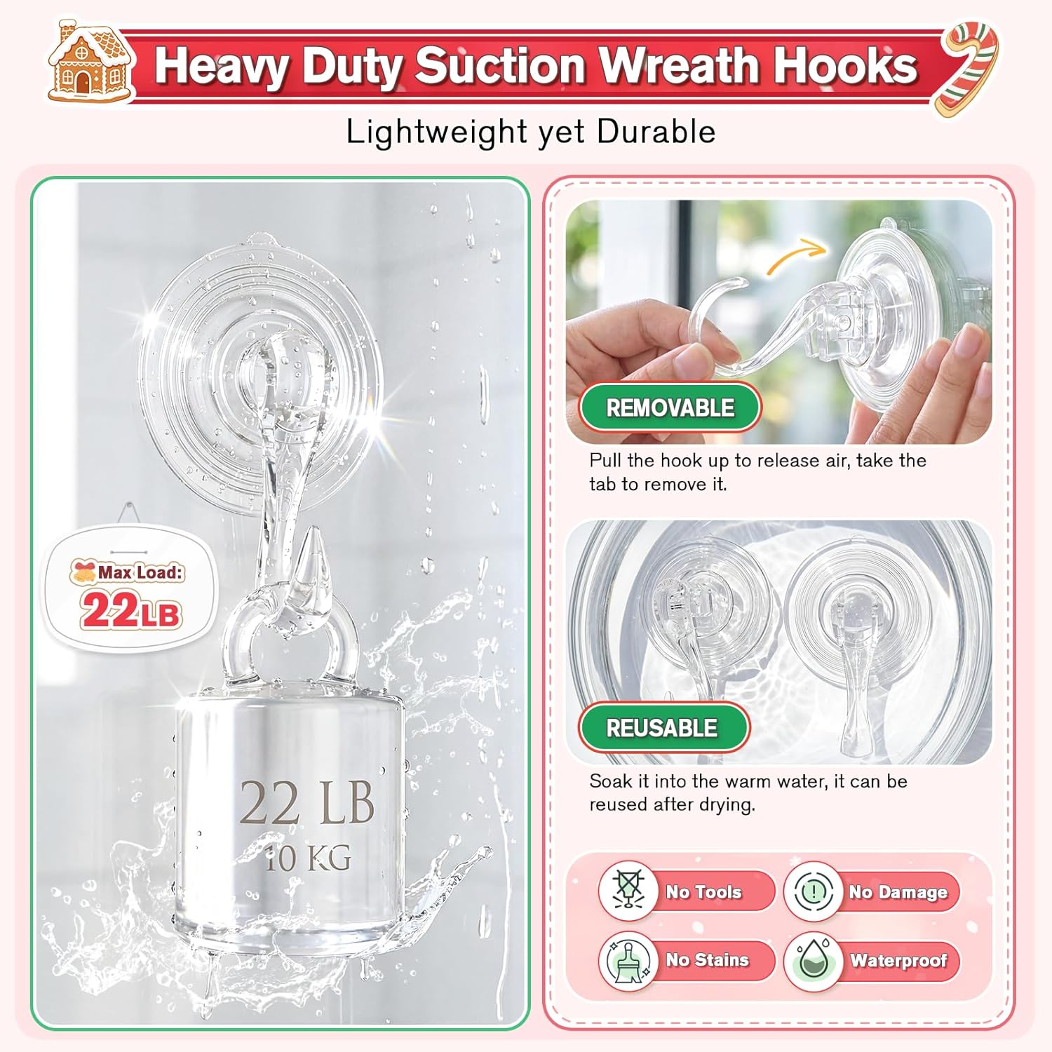 VIS'V Wreath Hanger - Heavy Duty Suction Cup Hooks | 22 LB Capacity, Clear, 6 Pcs, Removable & Reusable