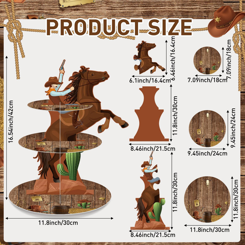 Zopeal Western Cowboy Horse Cupcake Stand, 3-Tier Western Theme Birthday Cupcake Holder, Cowboy Theme Cake Holder, Dessert Stand for Wild West Baby Shower, Birthday Party Supplies