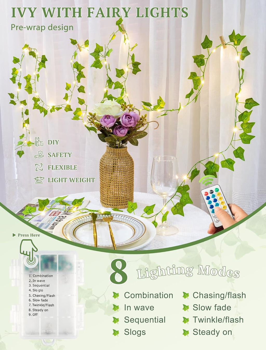 Skiennix Fairy Lights - 13ft Ivy Garland String Lights with Remote | 40 LED USB/Battery Operated for Bedroom, Wedding, Christmas Decor (Warm White)