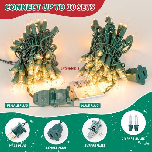 HEYFUNi Clear Christmas Lights - 50 Count 13 Feet Mini String Lights for Indoor/Outdoor Holiday Decor | Green Wire