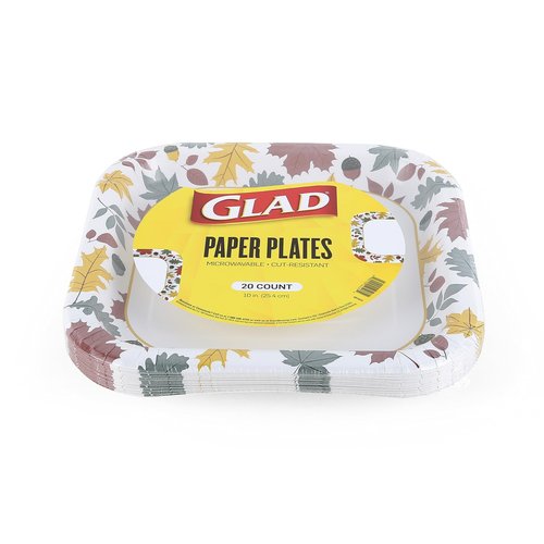 Glad Square Disposable Paper Plates, Falling Foliage Pattern - Strong, Sturdy, Soak Proof, and Microwavable Decorative Plates for Dinner and Everyday Use, 10 Inch, 20 Count - 24 Pack