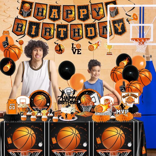 Basketball Party Decorations, 214Pcs Basketball Birthday Party Decorations Includes Plates,Napkins,Cups,Tablecloth,Banner,Hanging Swirls,Honeycomb,Balloons,Cake Topper for Sports Birthday Decorations
