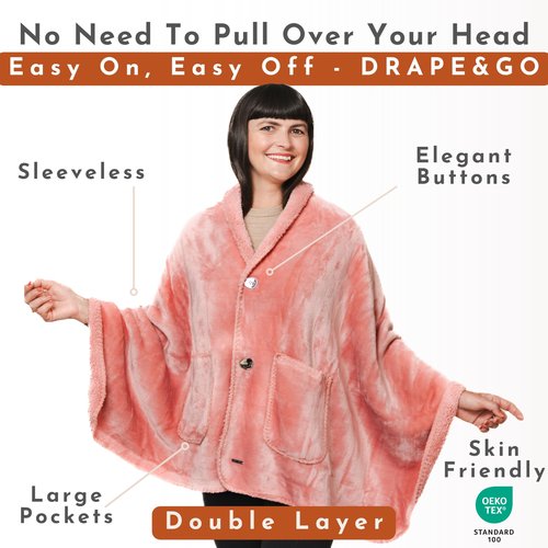 EzrAllora Premium Double Layer Wearable Blanket for Women -No Sleeves- Shawl with Pockets- Wrap Blanket- Gifts for Grandma (Powder Pink)