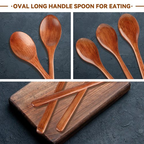 6 Pcs Wooden Spoons, 9 Inch Wood Soup Spoons for Cooking Mixing Eating,Oval Long Handle Spoon for Tea Jam Coffee Sugar Ice Cream and Bath Salts