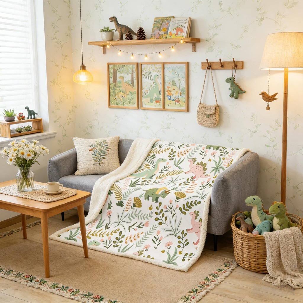 Castle Fairy Cute Dino Kids Plush Blanket,Kawaii Pink Green Dinosaur Bed Blanket Home Decor Gift,Cartoon Wildlife Floral Leaves Plant Modern Style Fuzzy Blanket Office Chair, X Size (40 x 50 Inch)